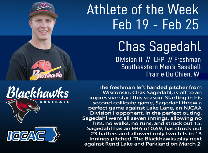 Sagedahl Receives ICCAC Athlete of the Week Back to Back